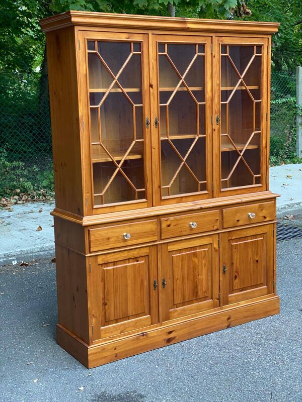 Grande bibliothèque vitrine anglaise en bois massif XXème 155cm