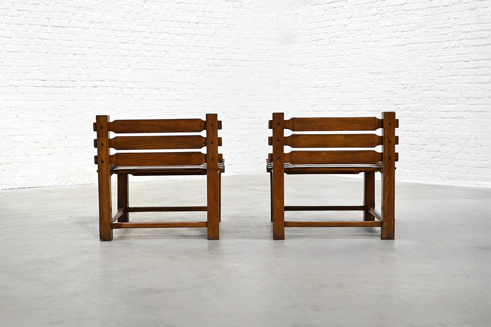 Pair of 1970s Brutalist Solid Oak Side Chairs