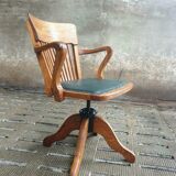 Antique office chair oak adjustable with green leather