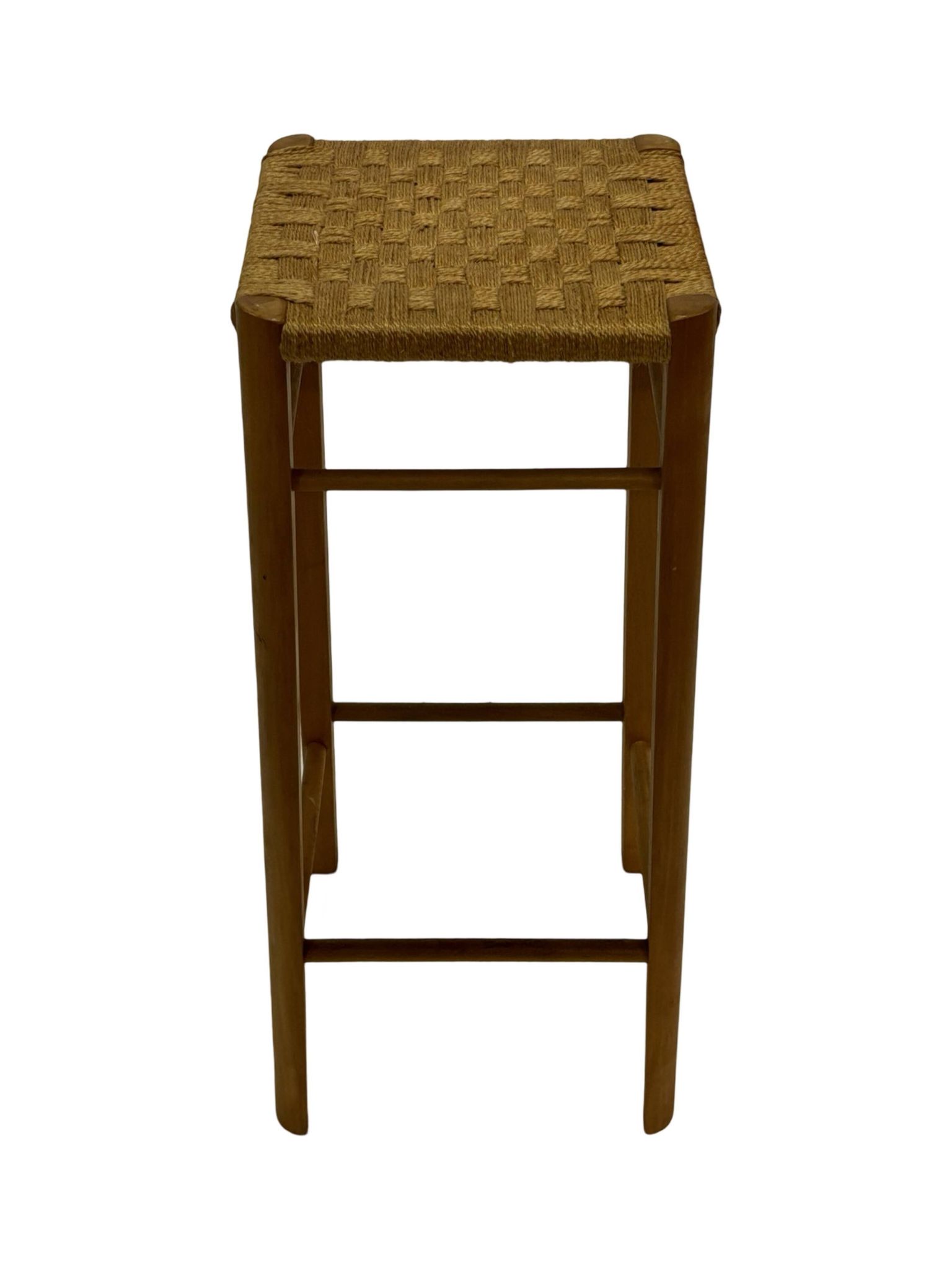 Tabouret vintage années 60 en chêne avec assise tressée