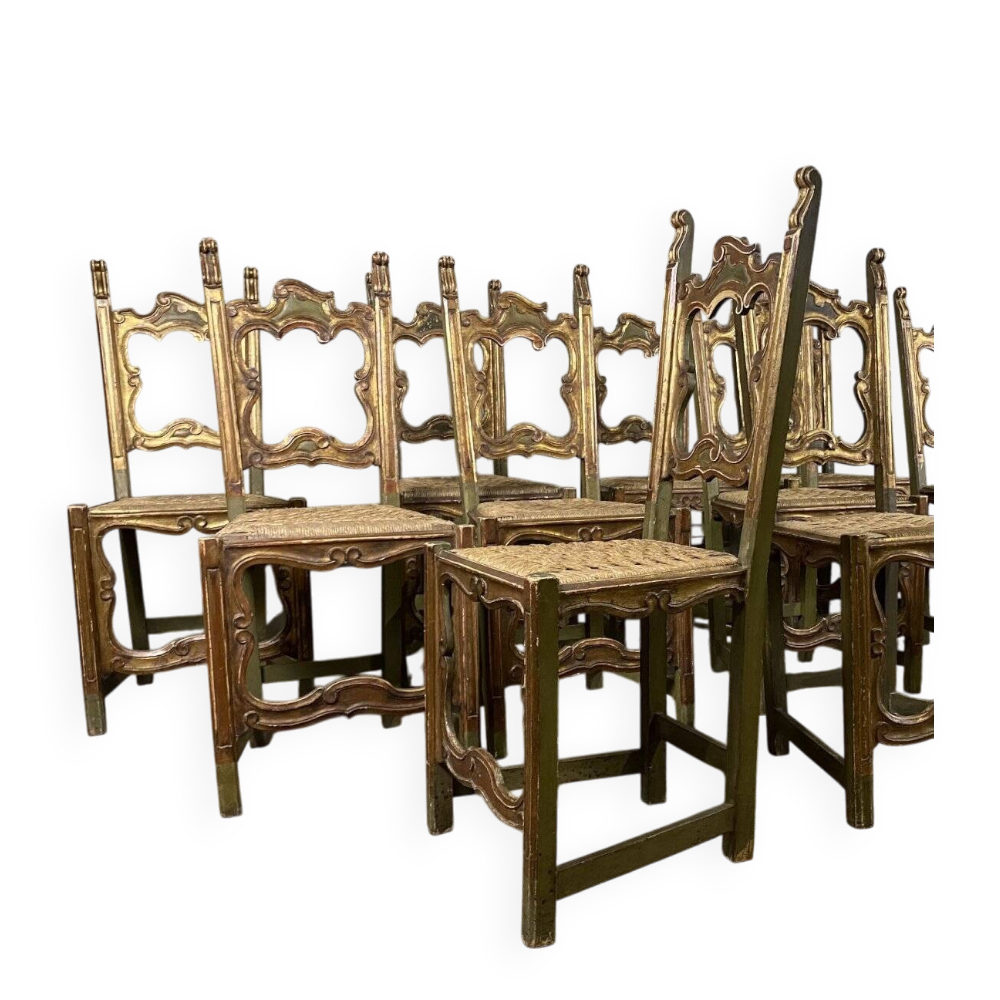 Set of 12 carved wooden chairs, Italy