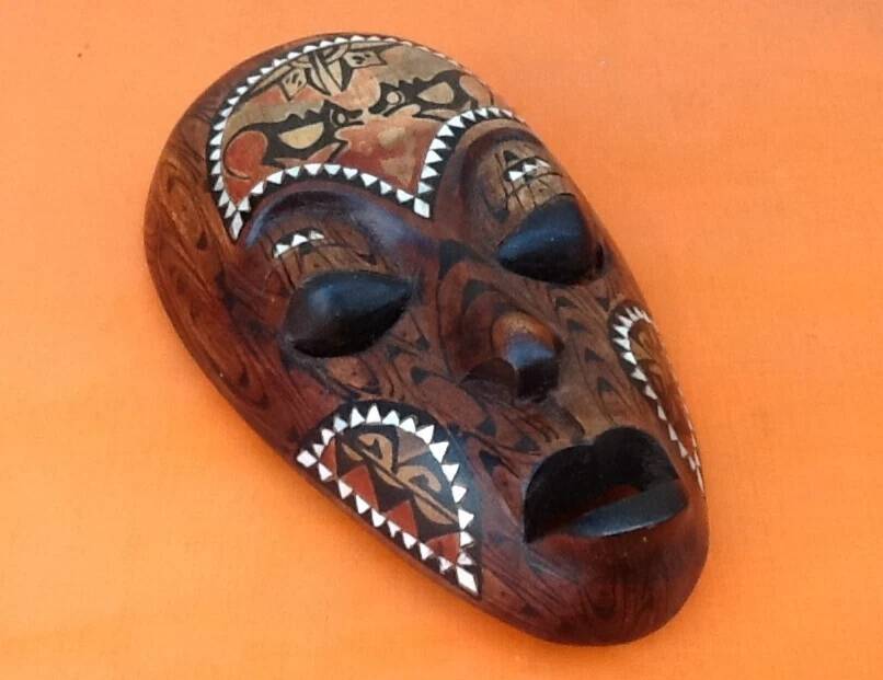 African Hanging Mask / Tribal Carved Wood Inlaid with Mother of Pearl Long