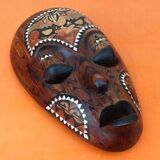 African Hanging Mask / Tribal Carved Wood Inlaid with Mother of Pearl Long