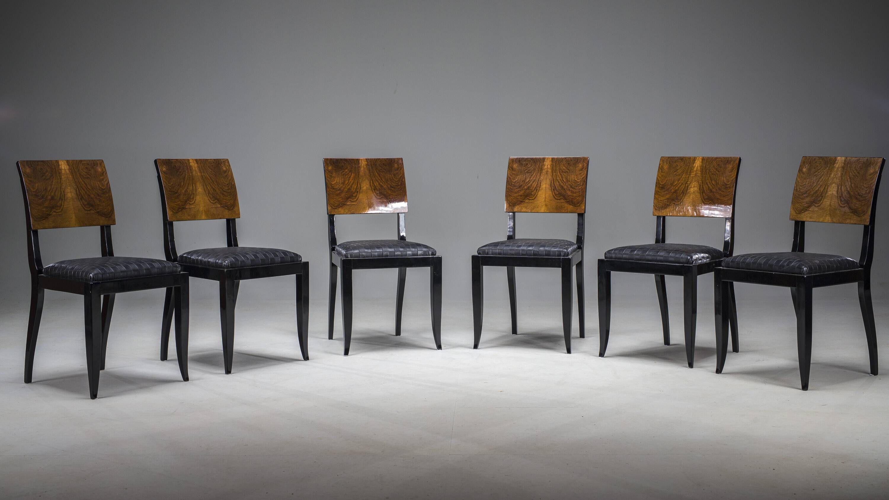 Art Deco French Walnut & Burl Dining Set, 1930s, Set of 7