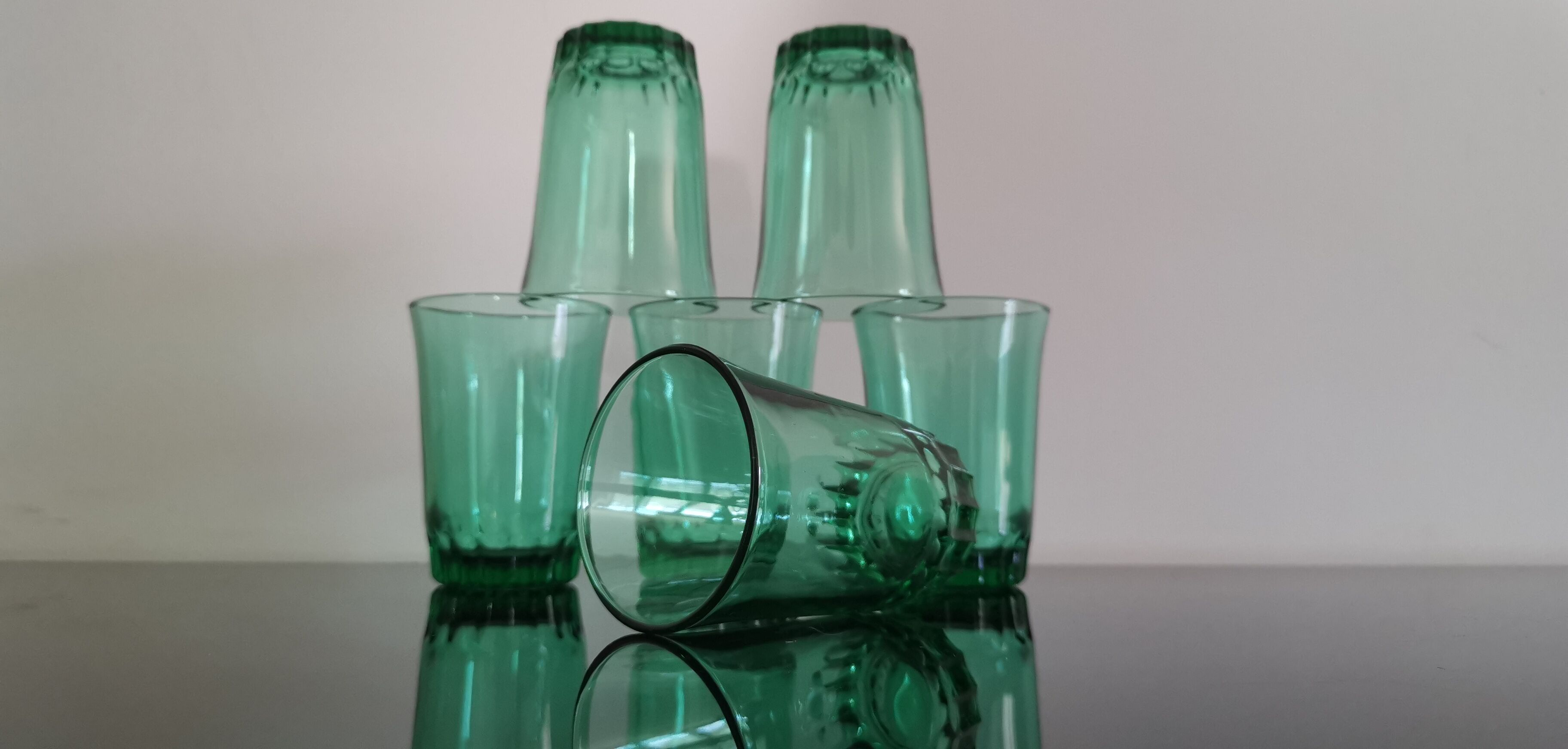 6 old emerald green water glasses