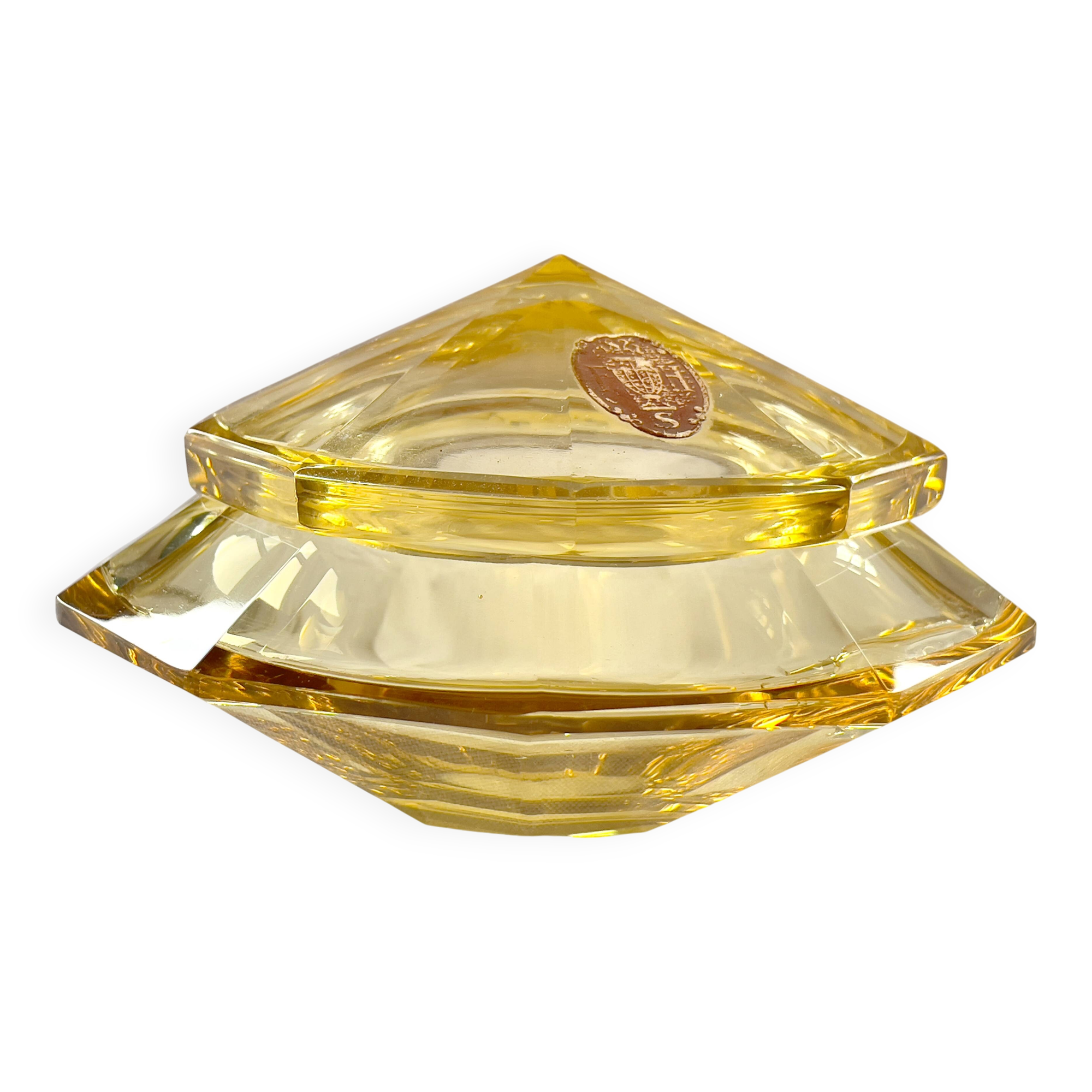 Poudrier Art Déco aux parois facettées  en cristal jaune citrine