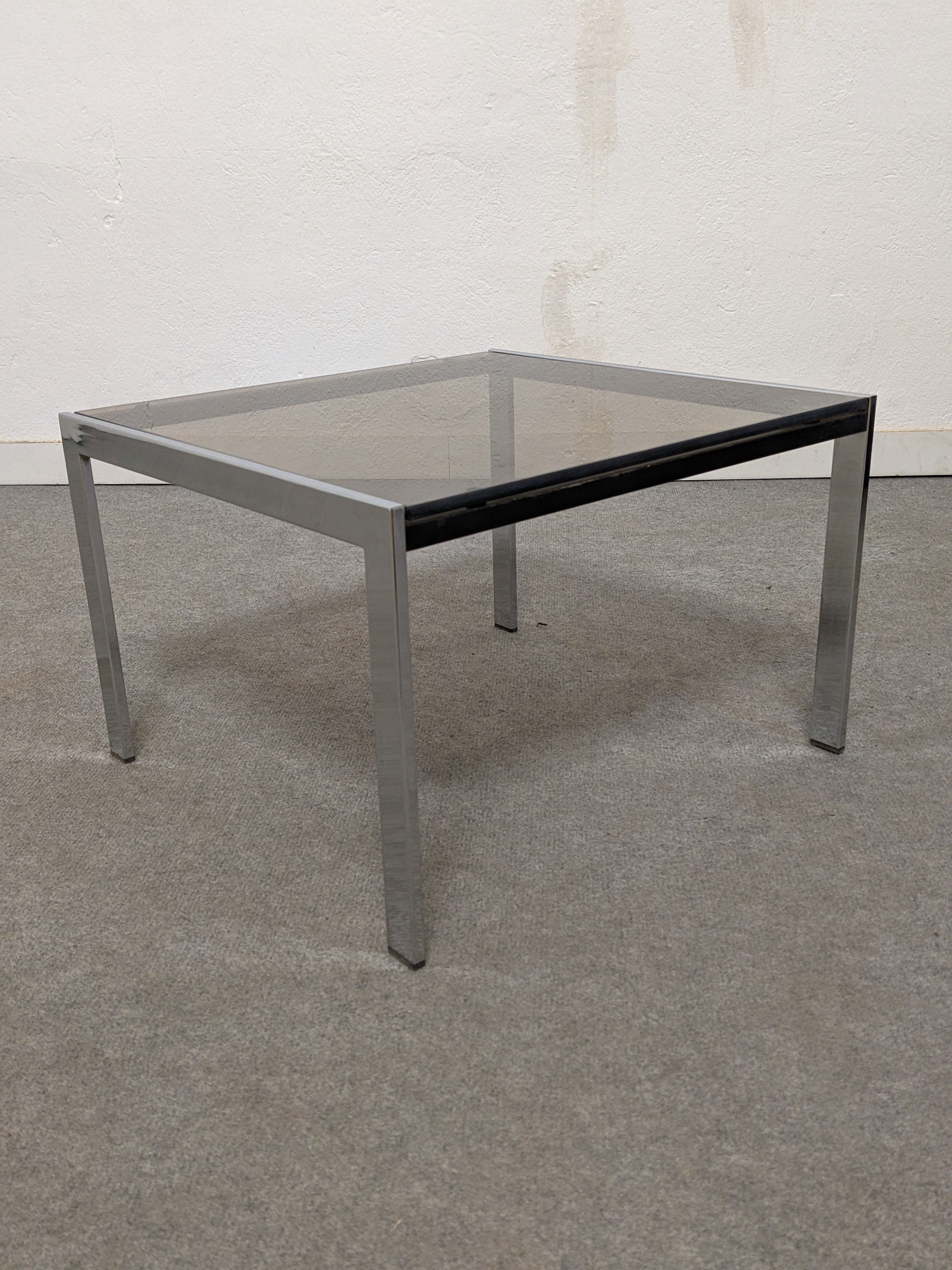 Bedside table or end of sofa in chromed metal and smoked glass from the 70s