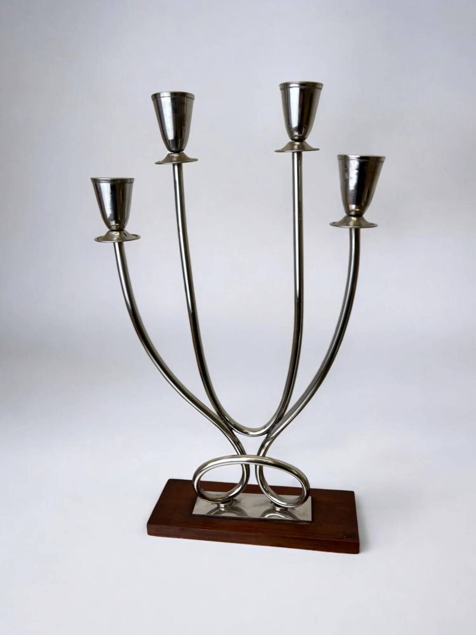 Art deco candlestick in stainless steel and rosewood, 4 flames, Spain, 1970s