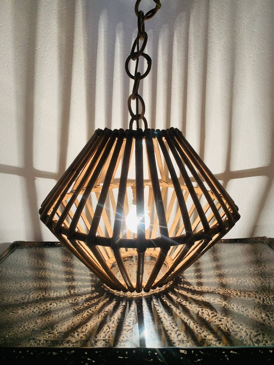 Large vintage pendant light in bamboo and rattan, circa 1960's