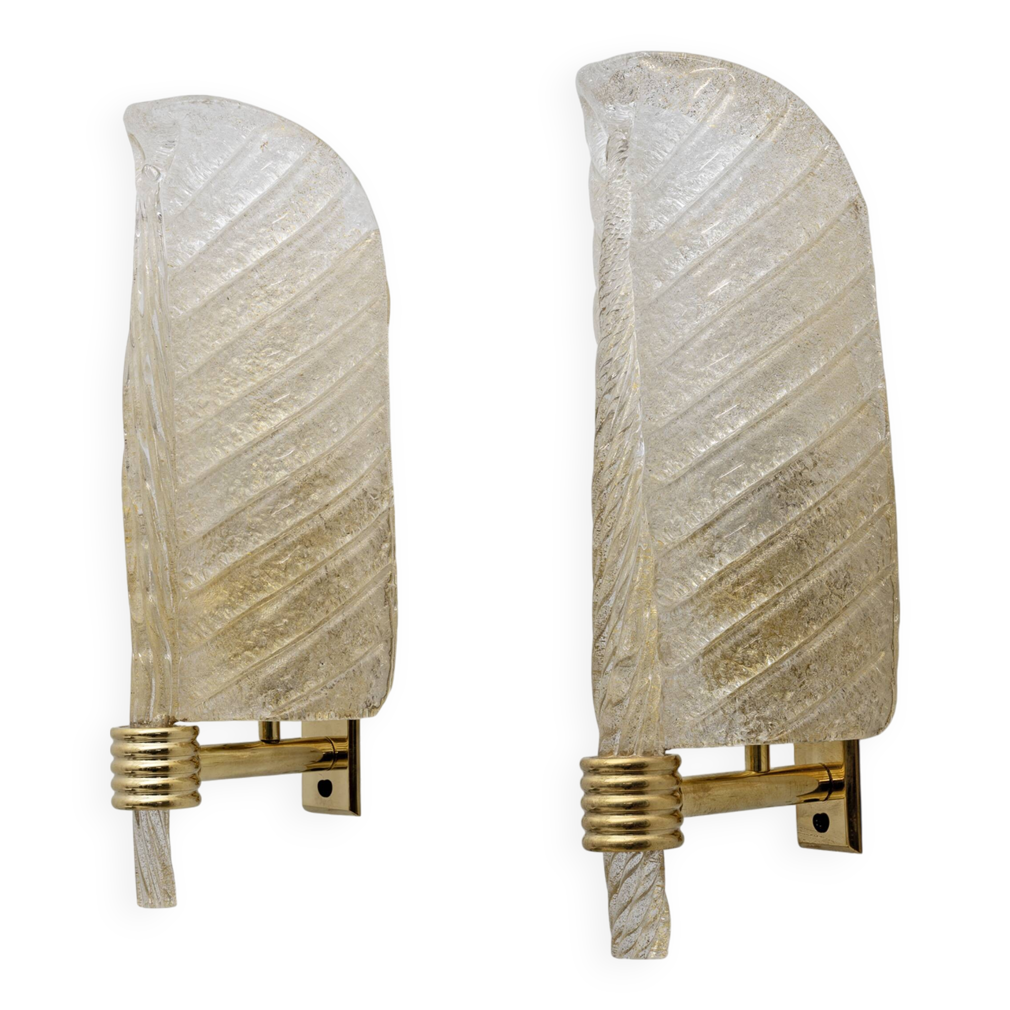Pair of Barovier & Toso Style Mid-Century "Graniglia" Murano Glass Leaf Sconces