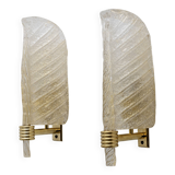Pair of Barovier & Toso Style Mid-Century "Graniglia" Murano Glass Leaf Sconces