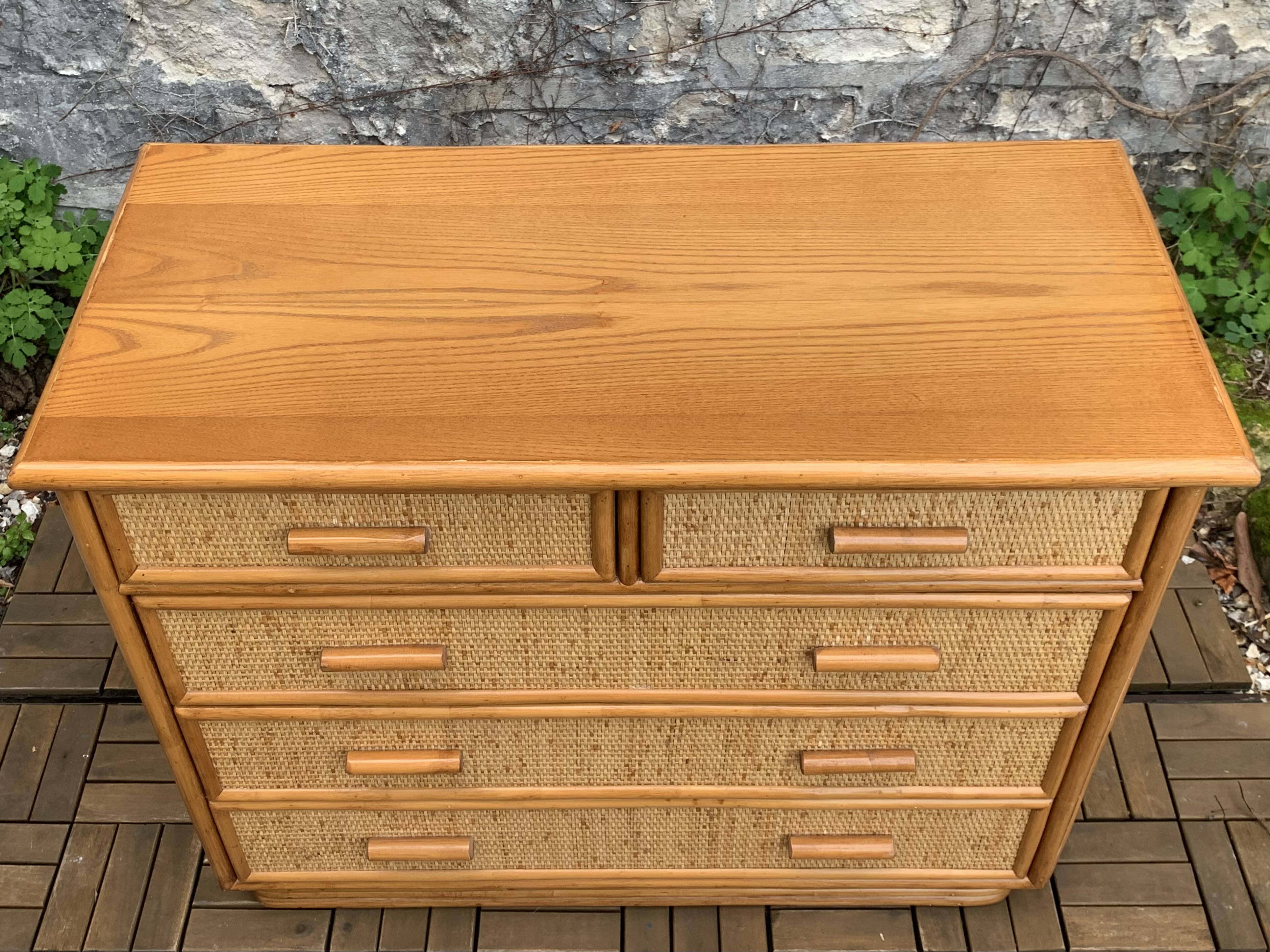 Vintage rattan and woven wicker chest of drawers 1970