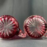 Pair of cut and red tinted crystal beer mugs signed Etzel