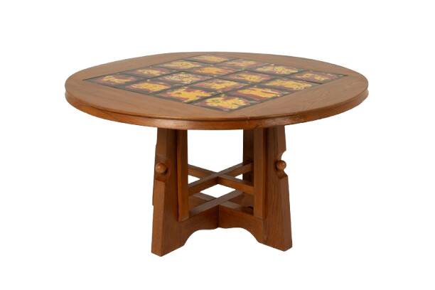 Guillerme and Chambron. Oak and ceramic side table. 1970s-80s.