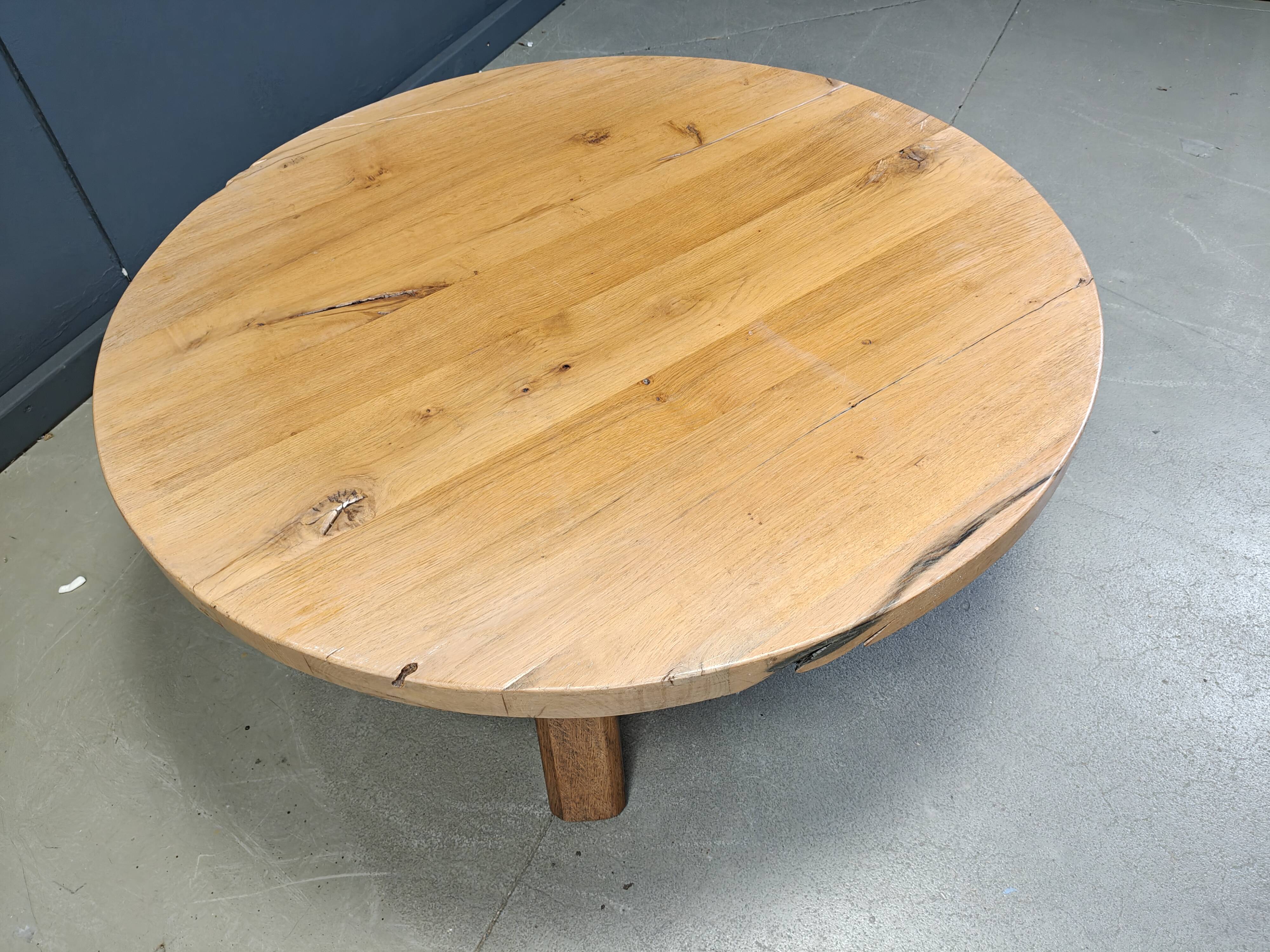 Large tripod round wooden brutalist coffee table, 1960s