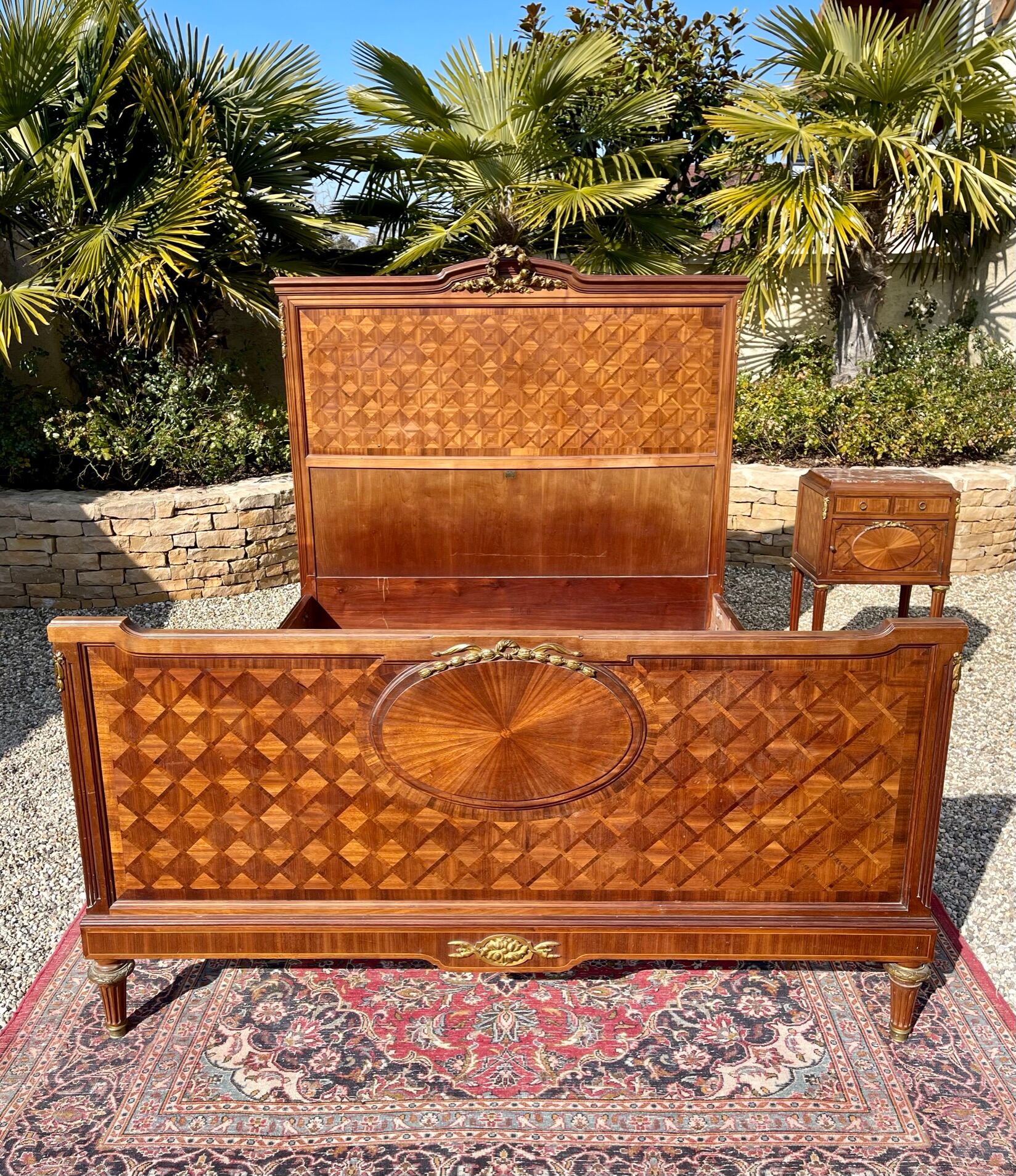 Louis XVI style marquetry & bronze bed and bedside table