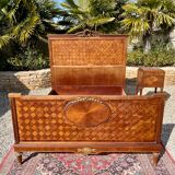 Louis XVI style marquetry & bronze bed and bedside table