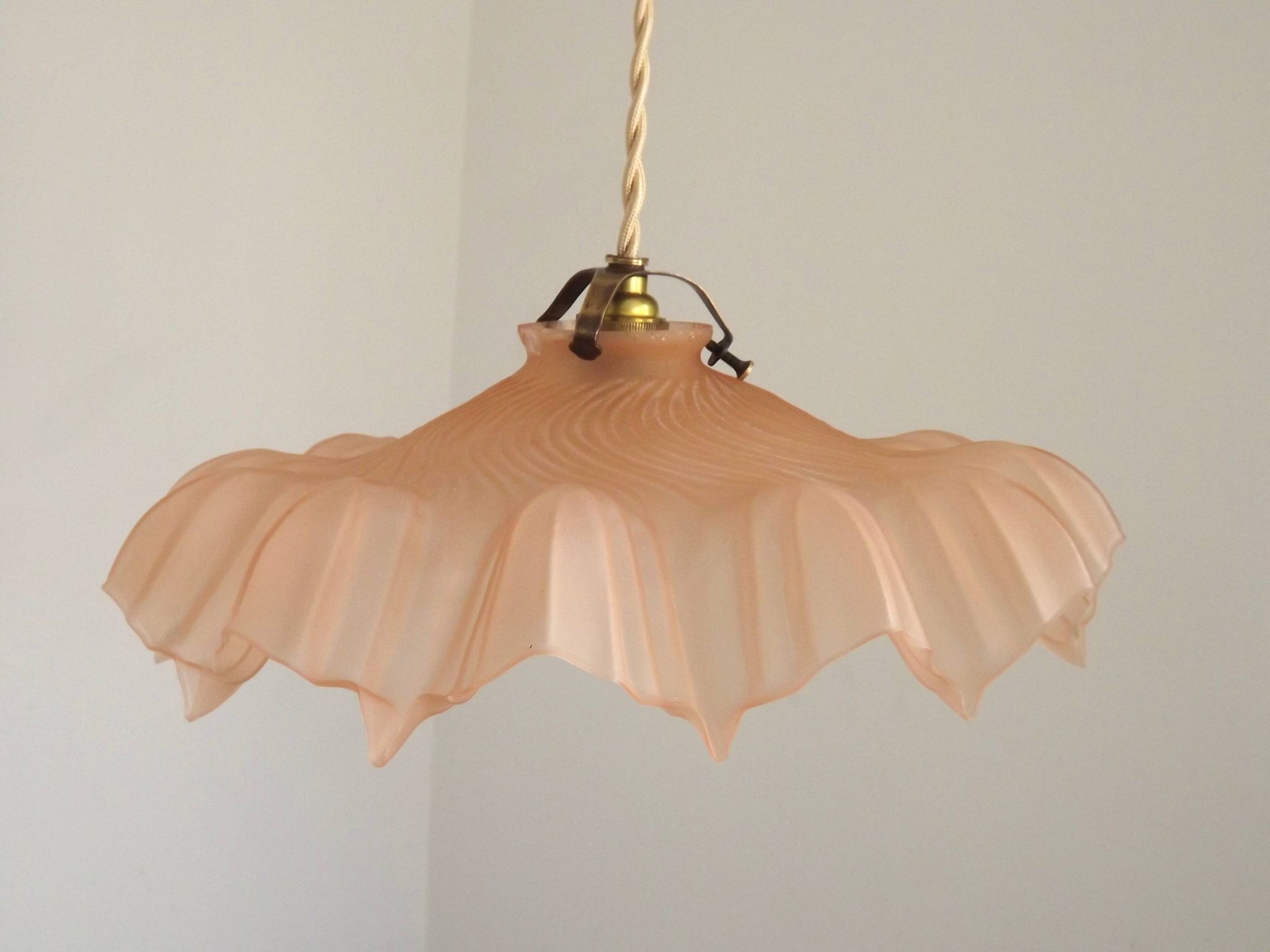 French Vintage 1930s Pink Frilled Glass Shade Hanging Light Brass Fittings