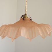 French Vintage 1930s Pink Frilled Glass Shade Hanging Light Brass Fittings