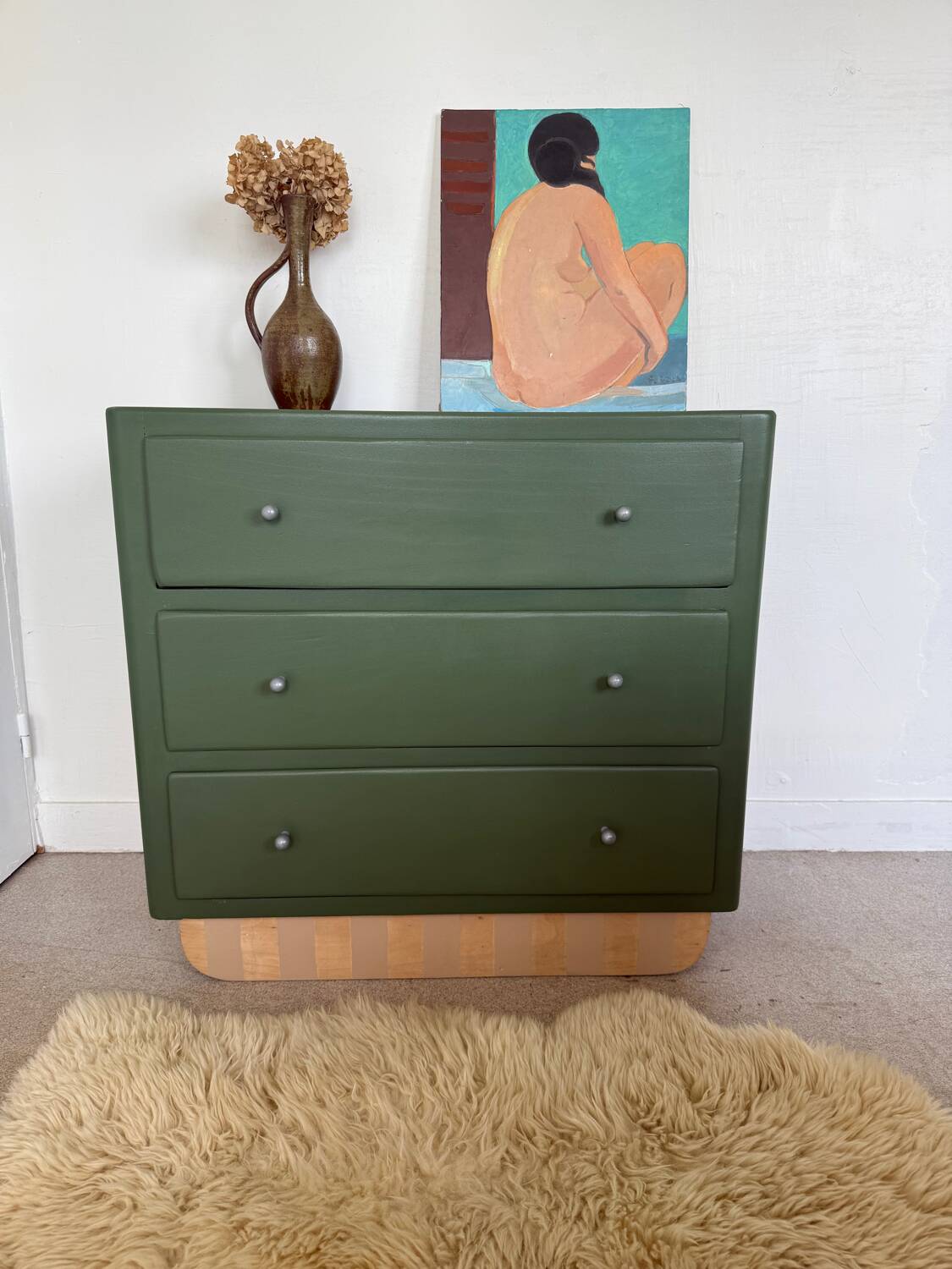 Vintage olive green chest of drawers with striped base