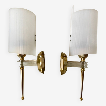 Pair of gold steel wall lamps, plexi and pleated plastic shades 60s-70s