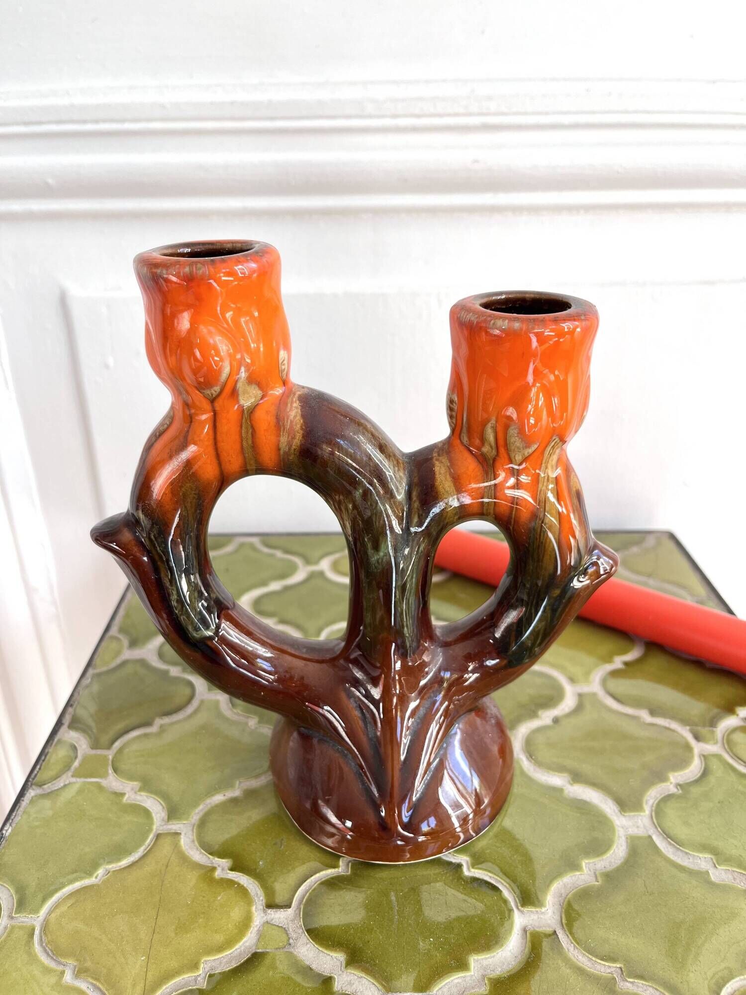 1960s ceramic two-branch candlestick chandelier