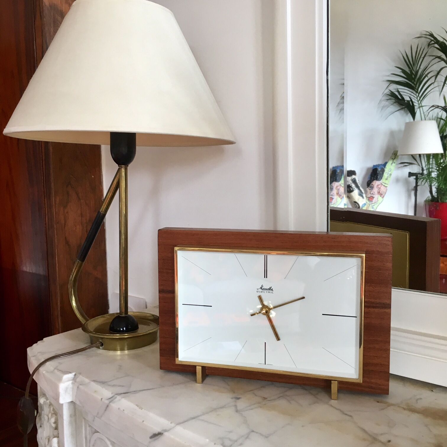 Modernist West German Glass and Brass Wood Clock 1960
