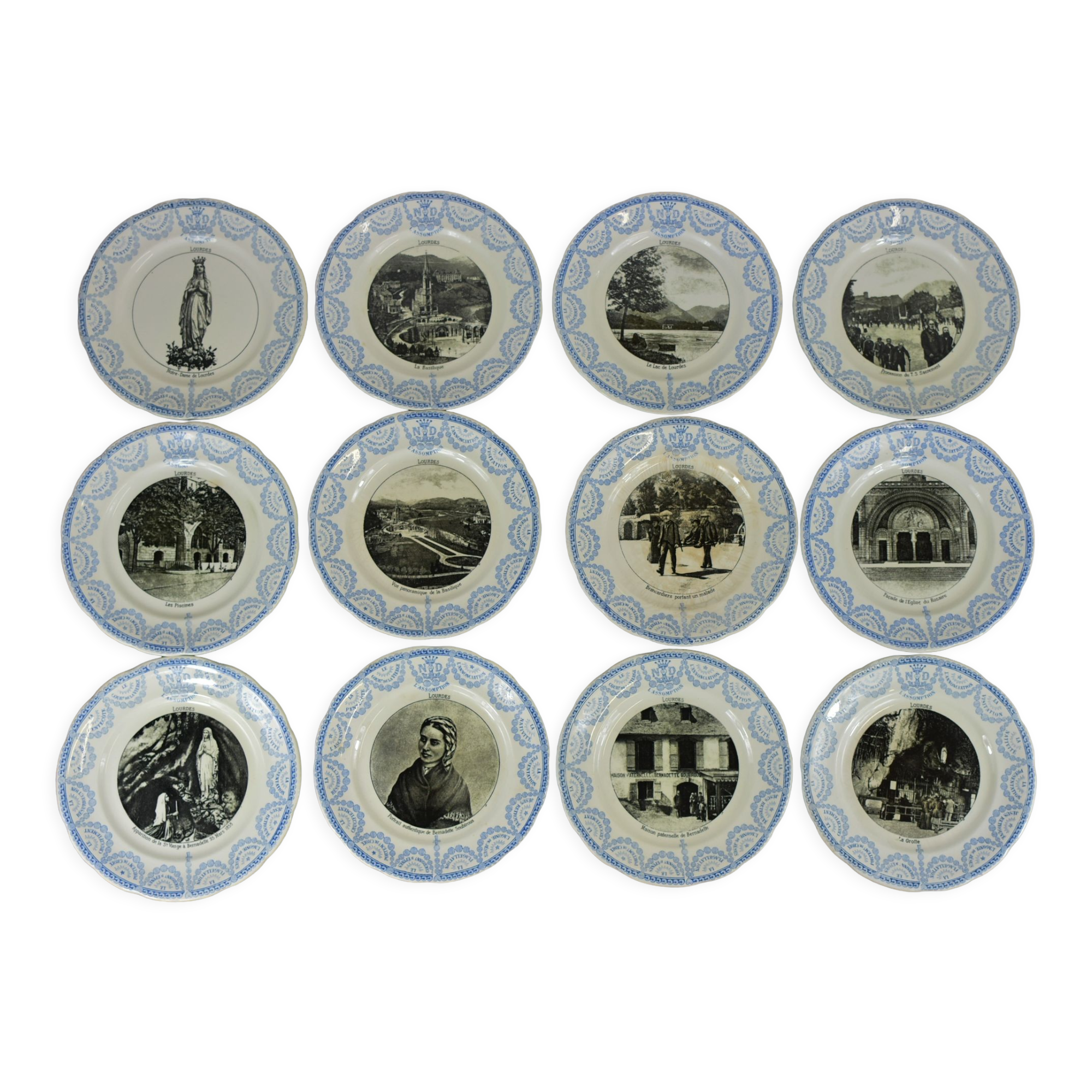 Set of 12 souvenir plates of Lourdes Digoin & Sarreguemines
