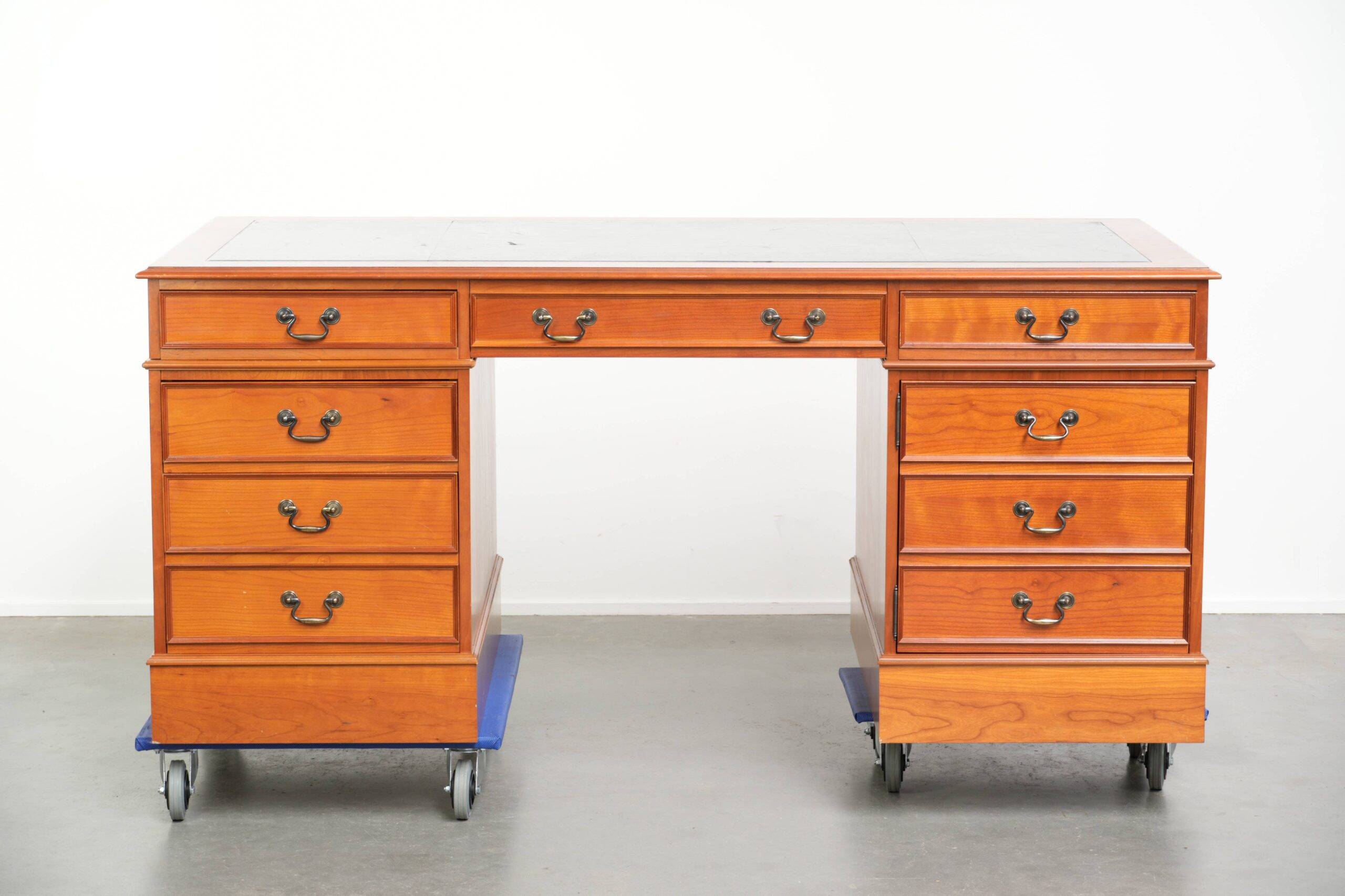 Classic wooden desk in English style with 4 drawers and a blue leather top