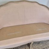 Louis XV style bench sofa in pink fabric and burlap