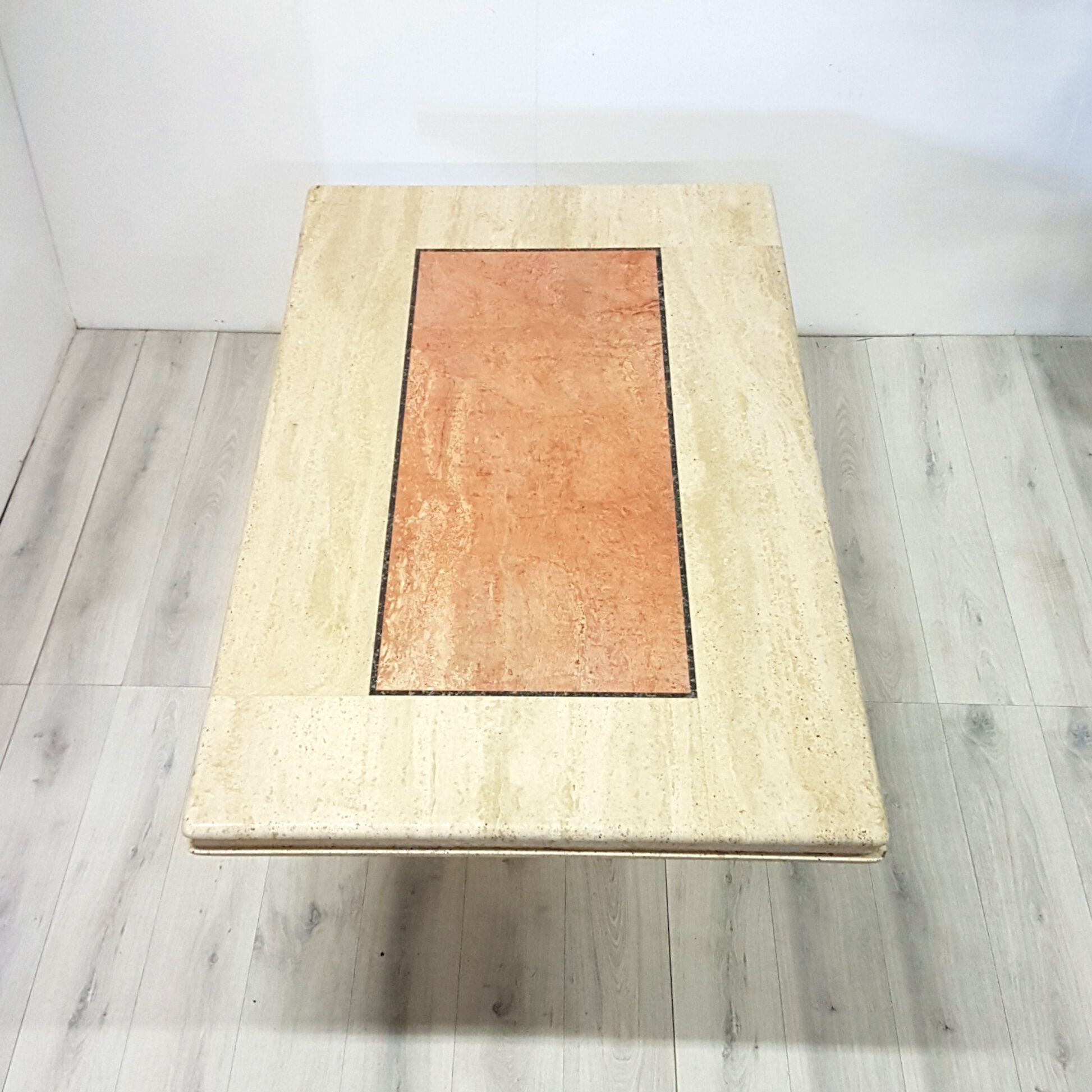 Hollywood regency travertine and pink marble dining table, Italy 1970s