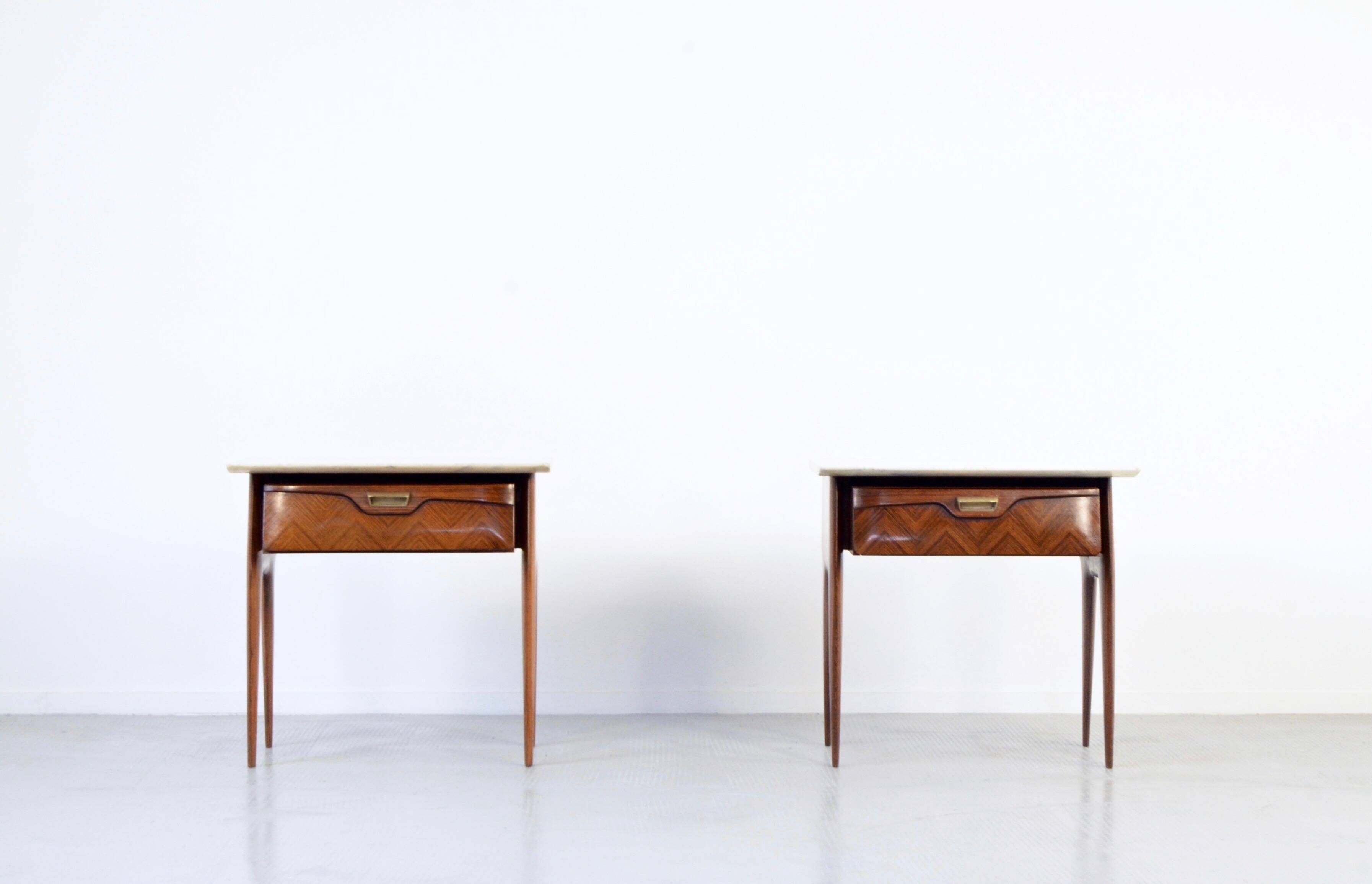 Set of 2 Italian Midcentury Rosewood and carrara bedsides tables