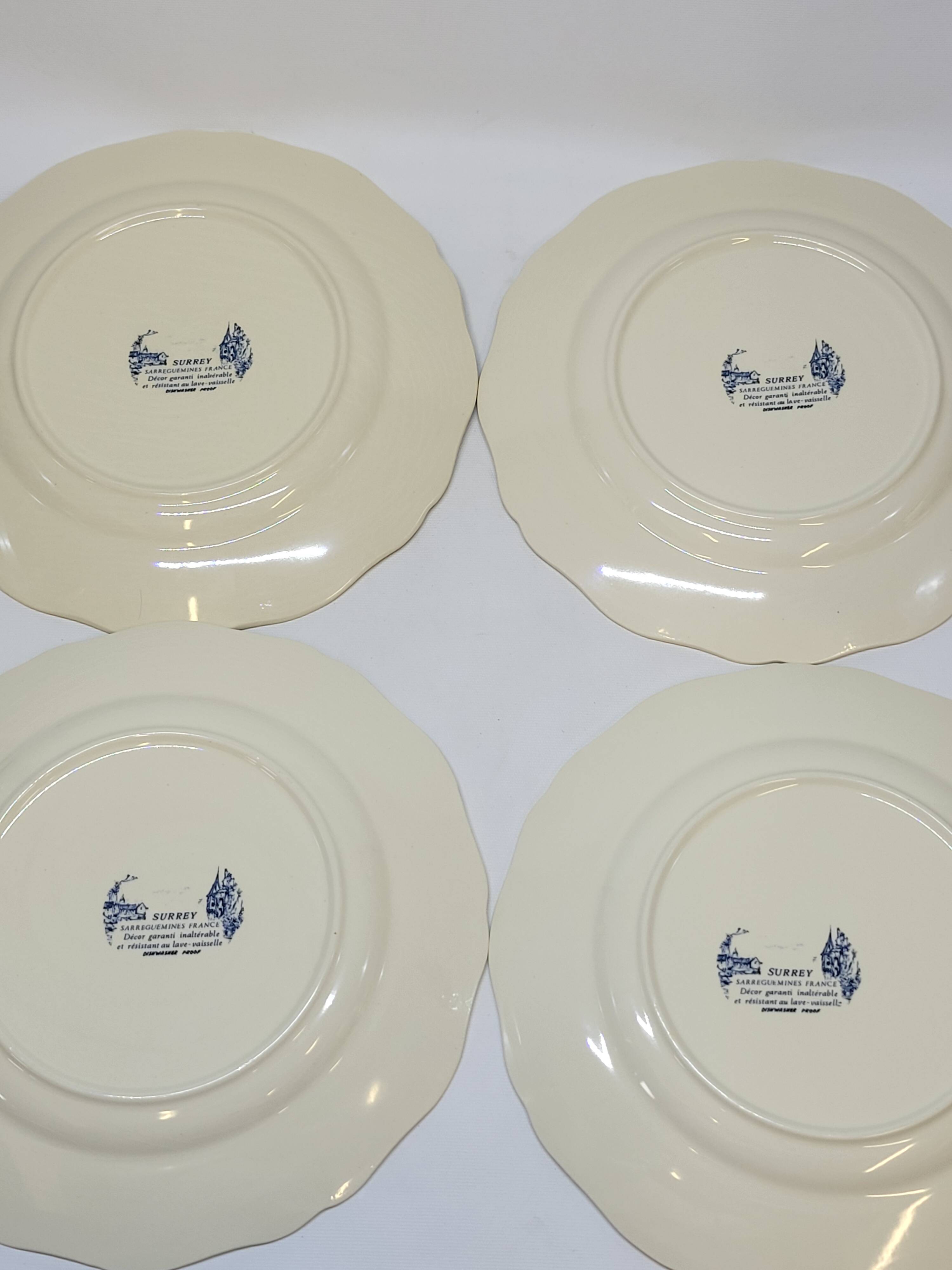 8 Large Vintage Sarreguemines Flanders and Surrey Dinner Plates, White Decor