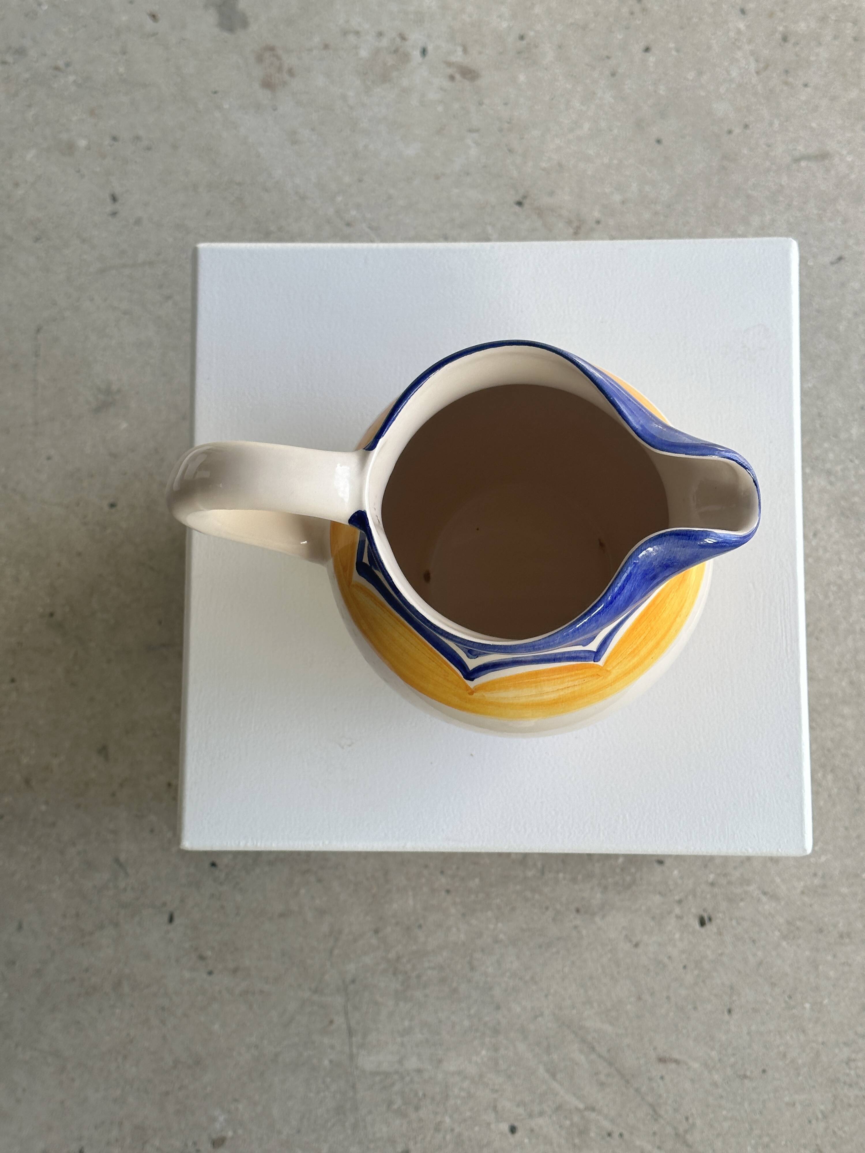 Large blue and yellow hand painted carafe H:20cm