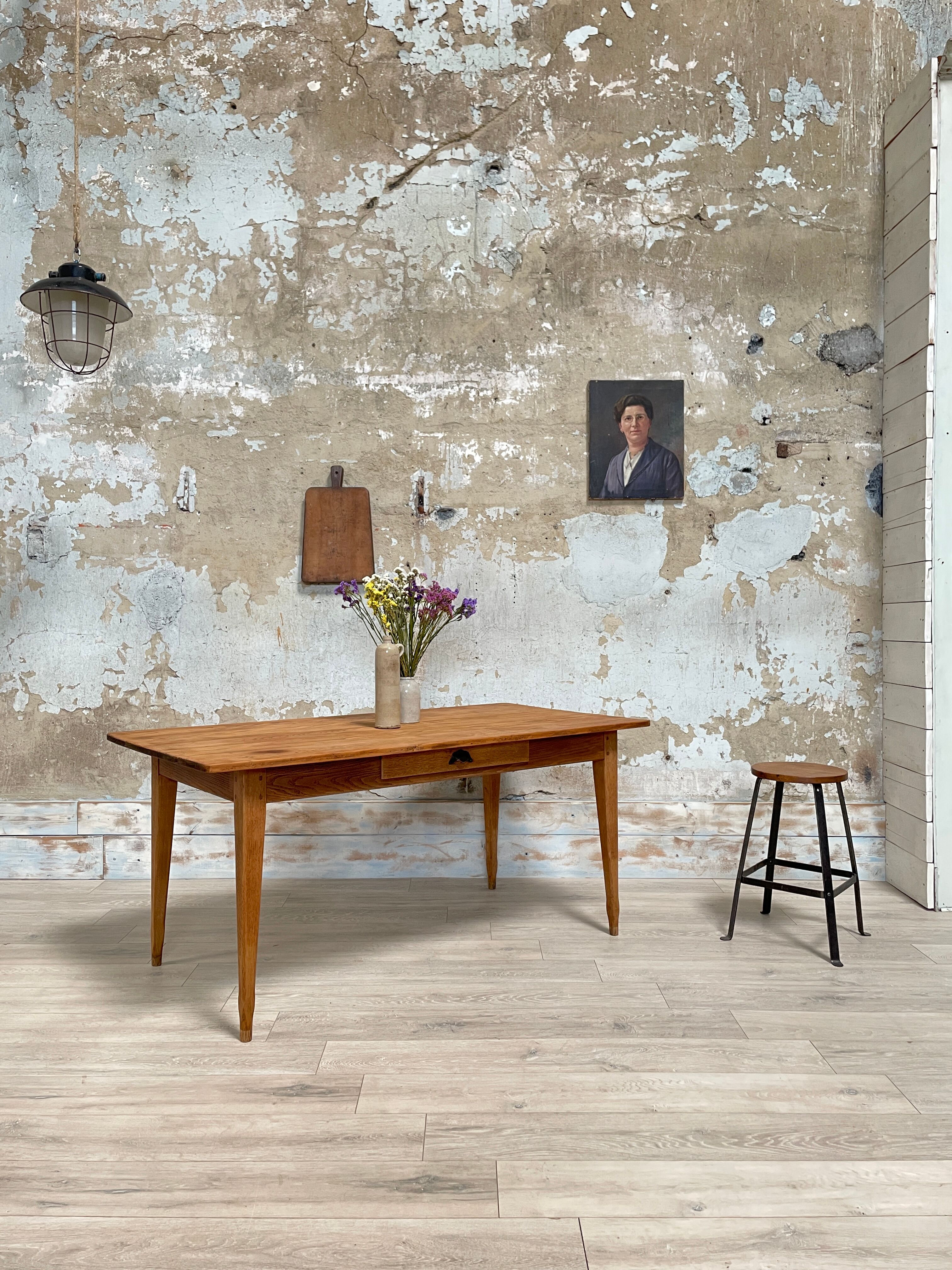 Vintage farmhouse table with spindle legs.