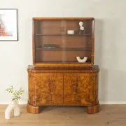 Classic two-piece Art Deco display cabinet from the 1930s with striking burl wood veneer