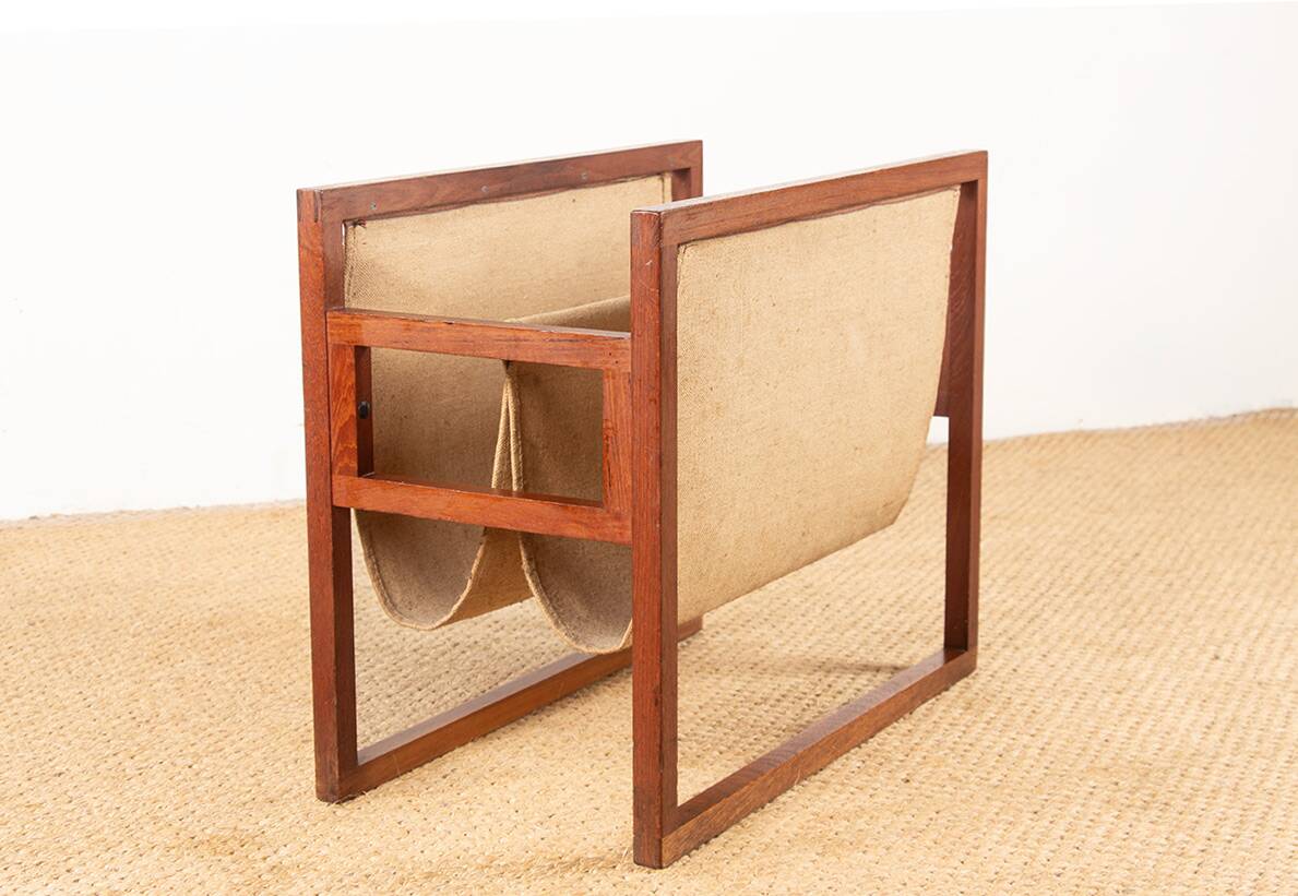 Danish magazine rack in teak and linen by Henning Wind-Hansen for Sika Møbler