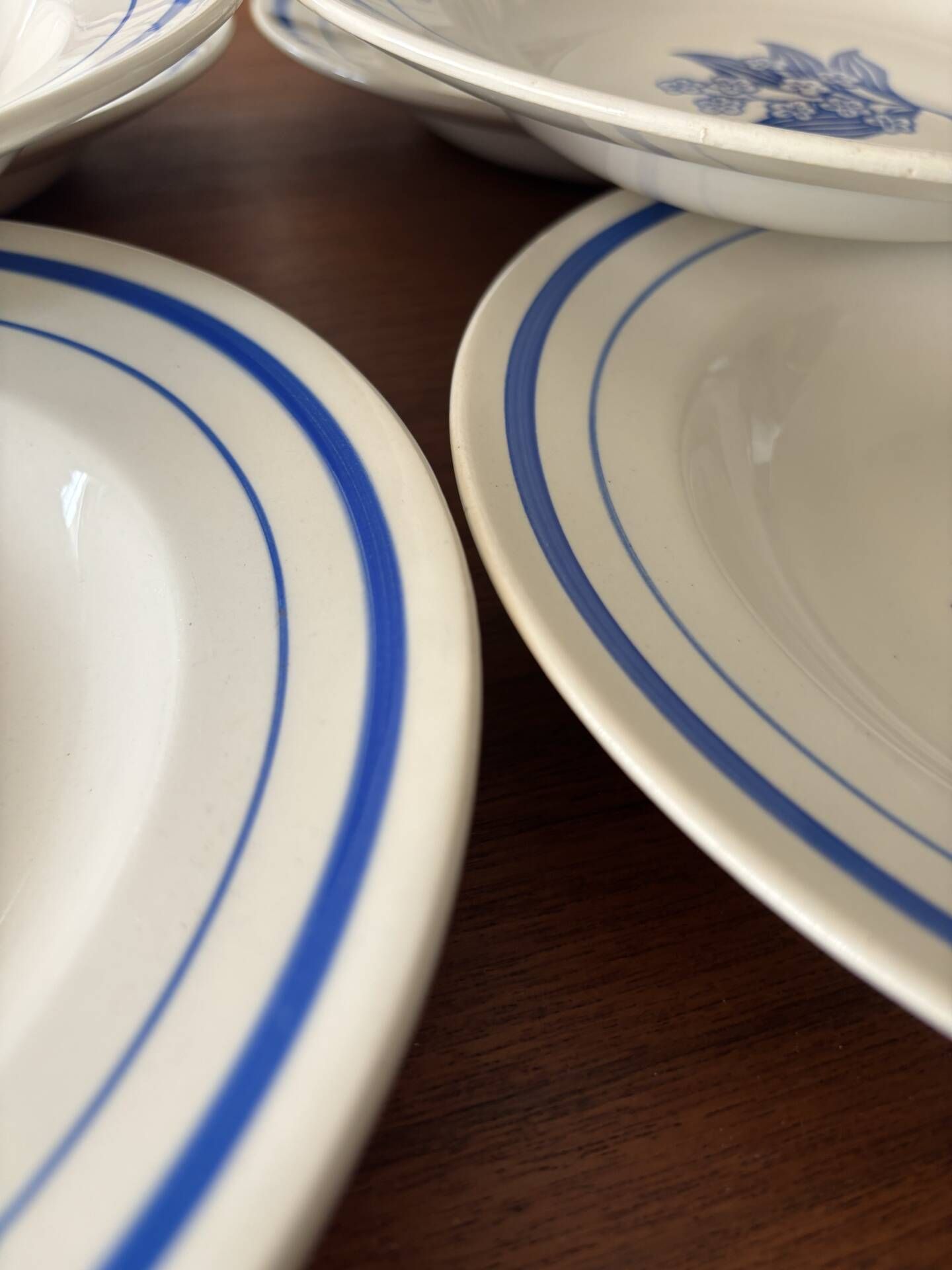 Set of 6 vintage deep plates in earthenware with blue lily of the valley flowers.