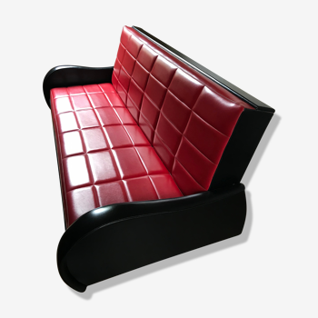 Vintage convertible sofa, red and black skai
