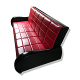Vintage convertible sofa, red and black skai