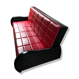 Vintage convertible sofa, red and black skai