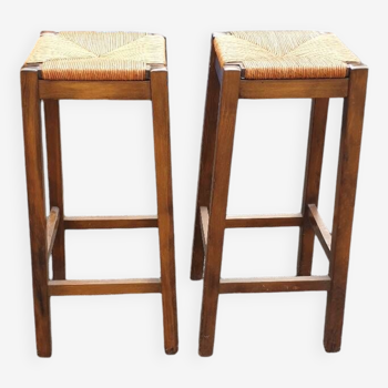 2 wood and straw bar stools