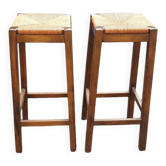 2 bar stools in wood and straw