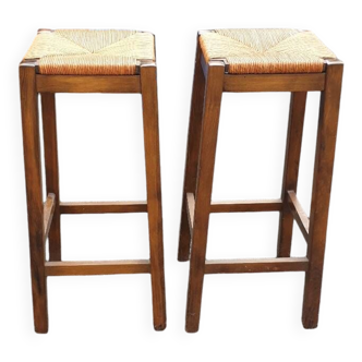 2 wood and straw bar stools