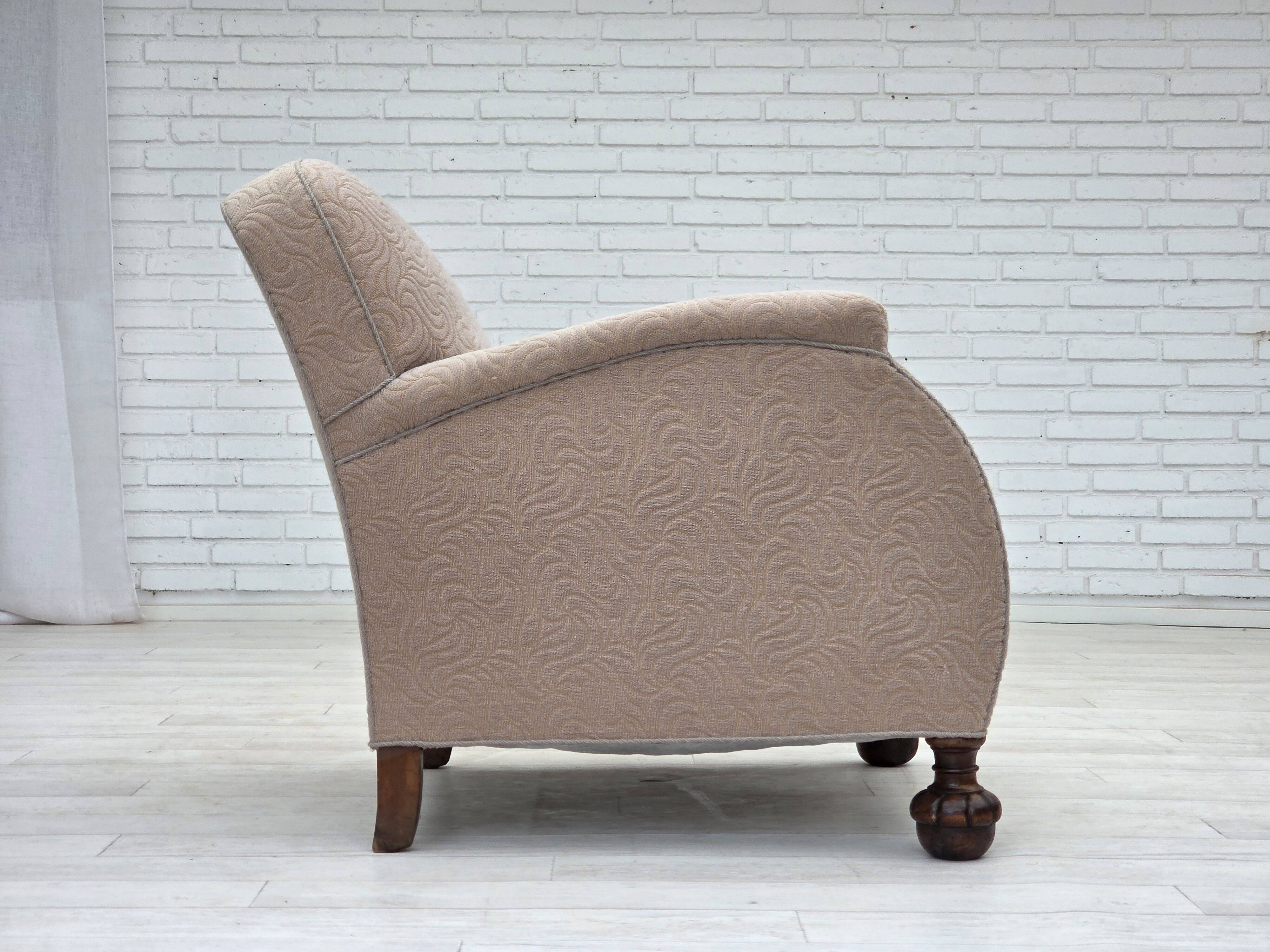 1950s, Danish artdeco armchair, furniture wool, oak wood legs.