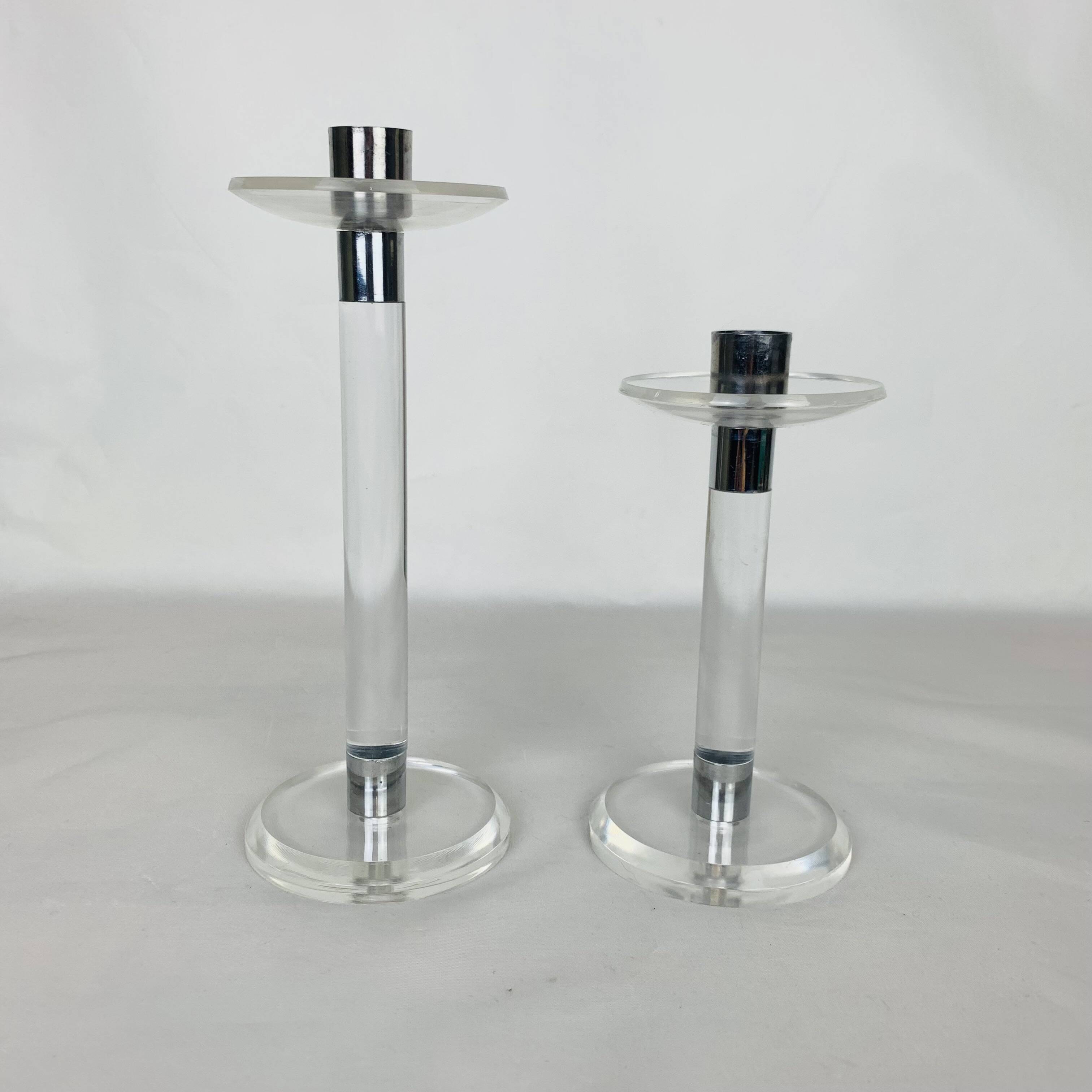 Pair of vintage plexiglass and chrome metal candlesticks