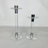 Pair of vintage plexiglass and chrome metal candlesticks