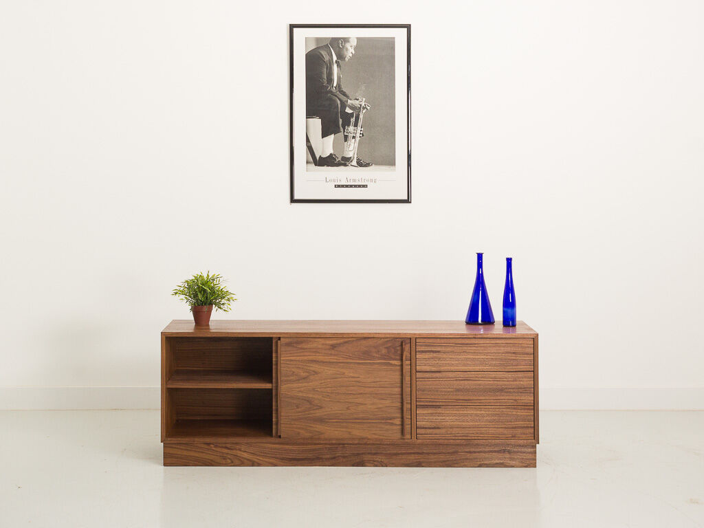 Oiled walnut TV stand equipped with 2 sliding doors and 3 drawers