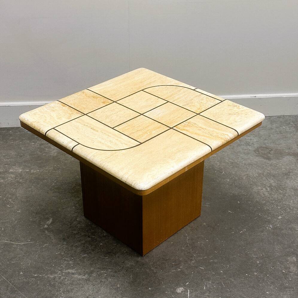 Graphic travertine tile coffee table on oak base, 1970s