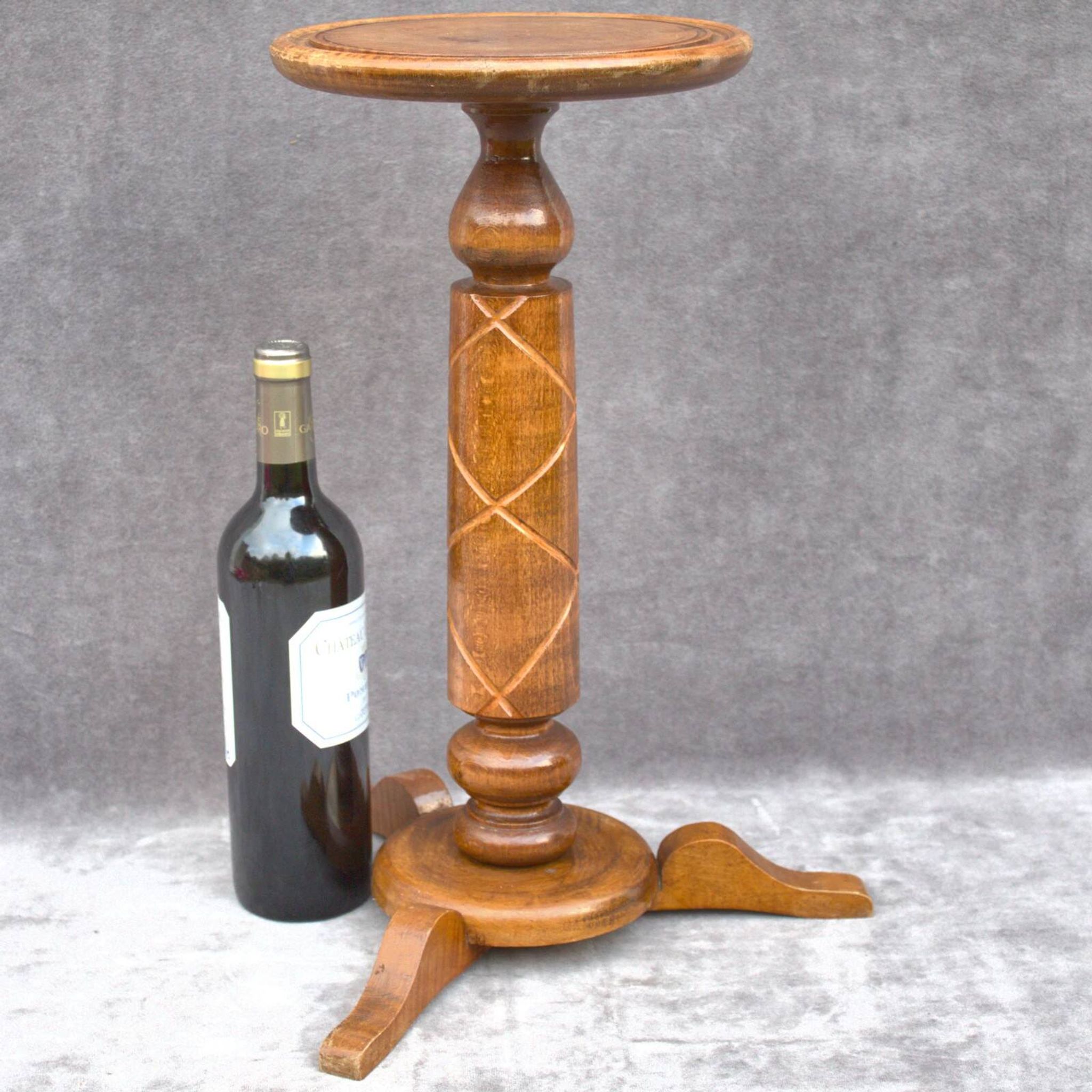 Antique Solid Wood Bonsai Pedestal Table, Ornate Carved Column, Elegant Home Decoration